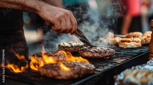 Grilling delicious burgers on an open flame for a summer cookout celebration