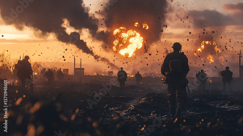 Silhouetted Soldiers Marching Through War Torn Battlefield at Sunset with Massive Explosion in Background