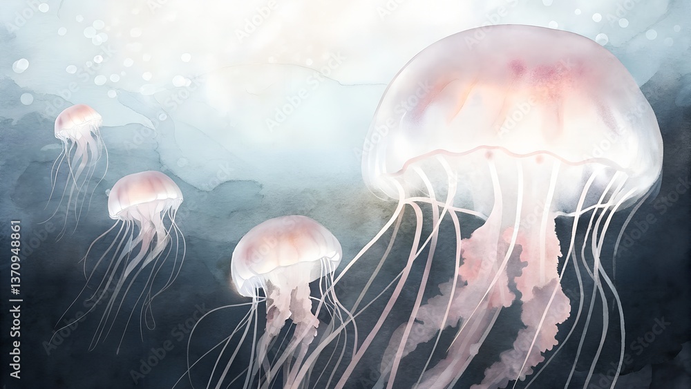 Fototapeta premium Jellyfish swimming gracefully in an ethereal underwater scene 