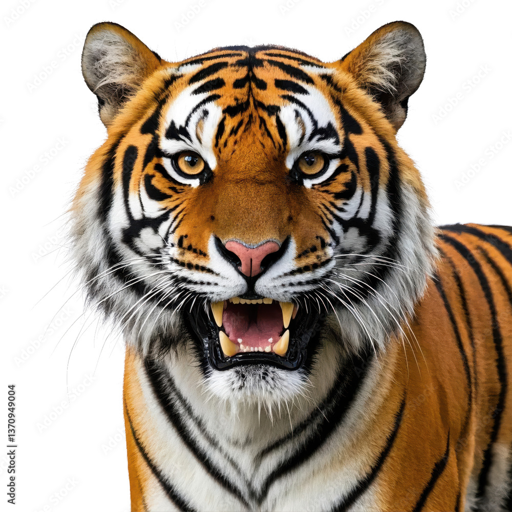 Obraz premium Close up portrait of a tiger with an open mouth showing its teeth on a black background image