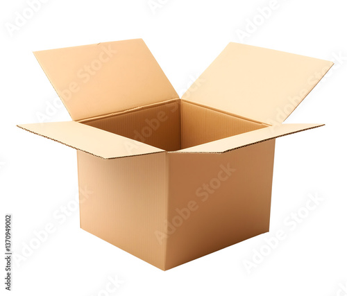 Un carton ouvert de côté, pour une livraison de colis sur un fond transparent.