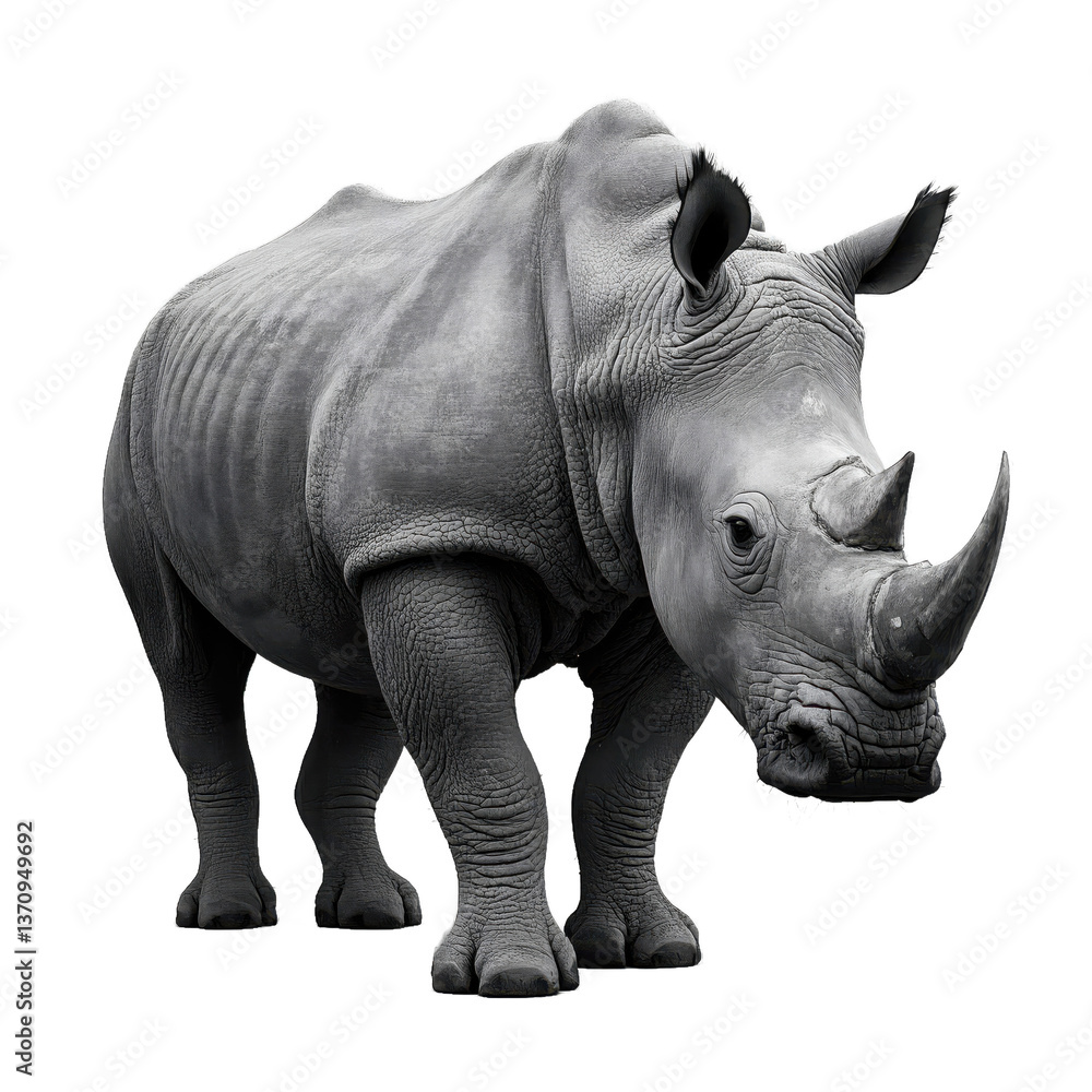 Fototapeta premium A full body shot of a rhinoceros standing with a black background looking at the camera angle