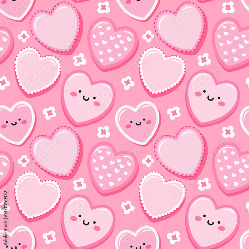 Cute hearts seamless pattern on pink background with tiny flowers. Vector design.
