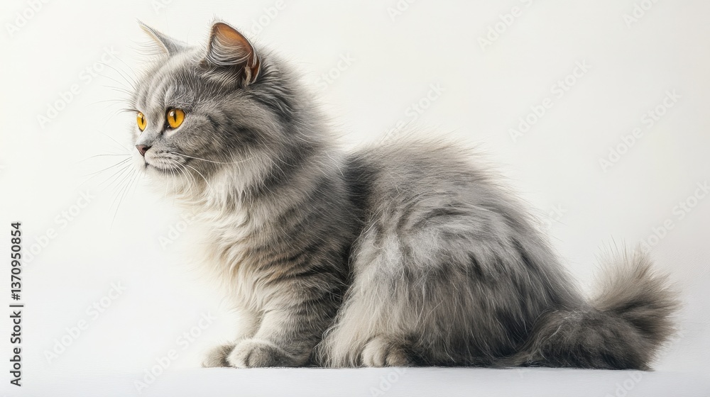 Fototapeta premium Striking oil painting of a gray cat with piercing yellow eyes, poised on a clean white surface. Elegant and detailed