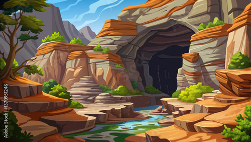 vector illustration of a rocky canyon with naturally-formed small caves carved into the cliff