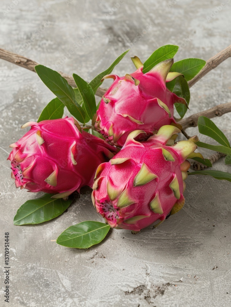 Vibrant dragon fruit display with green leaves on textured gray surface in natural light Vibrant dragon fruit display with green leaves on textured gray surface in natural light
