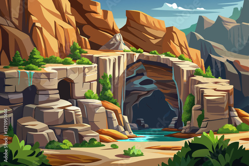 vector illustration of a rocky canyon with naturally-formed small caves carved into the cliff