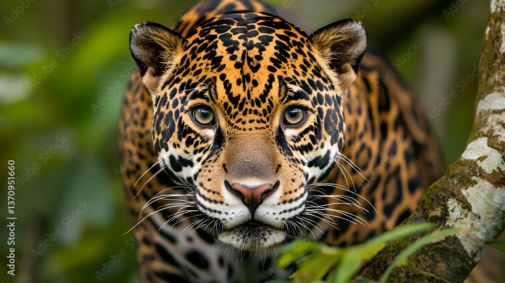 Magnificent Jaguar Portrait with Intense Gaze Amidst Lush Greenery Close-Up Magnificent Jaguar Portrait with Intense Gaze Amidst Lush Greenery Close-Up