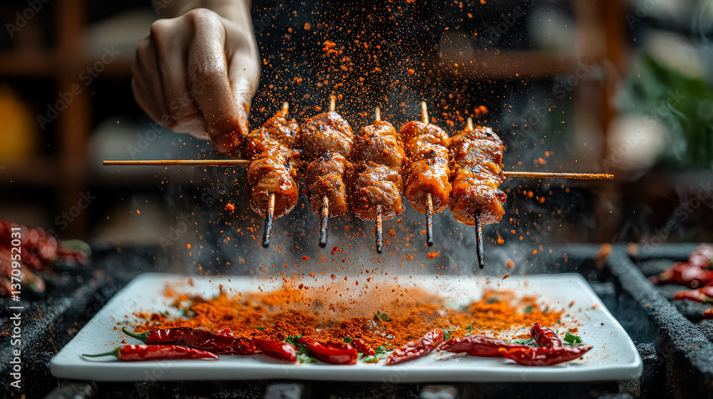 Obraz Person is cooking food on a grill with a lot of spice. The food is skewered and the spices are falling onto the plate