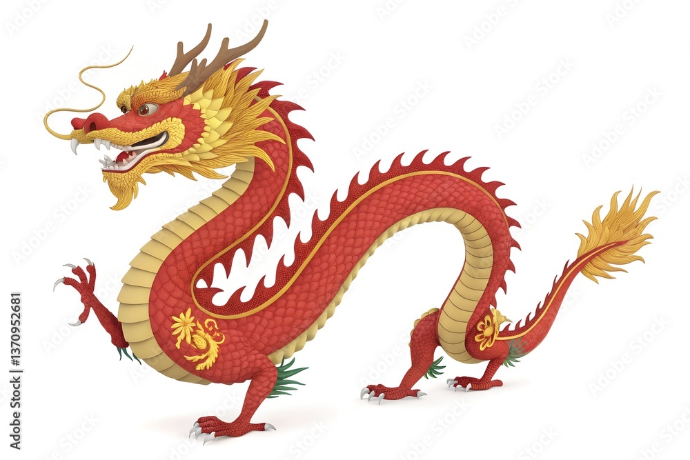 Obraz premium Golden Chinese Dragon Statue on White Background