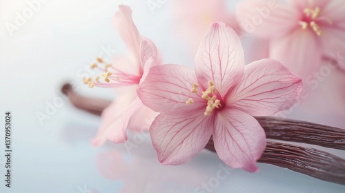 Pink flowers on branch. A vanilla stick in a bowl. A transparent background of flowers. Blossoms in pink lifestyle on a twig.