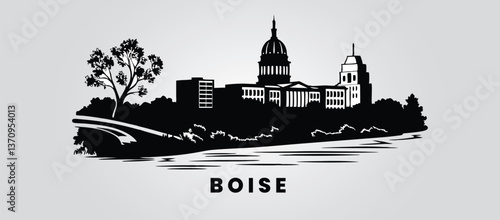 Boise skyline silhouette on a white background, featuring the Idao chrome aesthetic, reflecting the city’s scenic and urban beauty. 