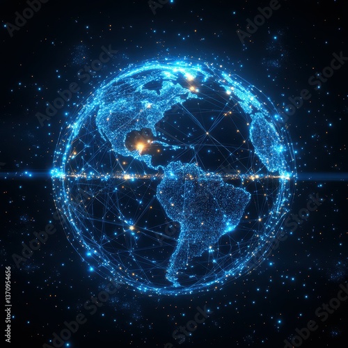 Digital representation of Earth with glowing connections in the vastness of space