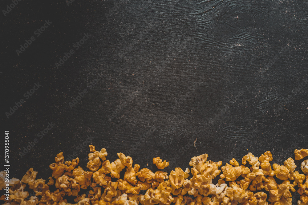 Caramel popcorn scattered along the bottom edge on a dark rustic wooden background. Empty space above creates room for text or design