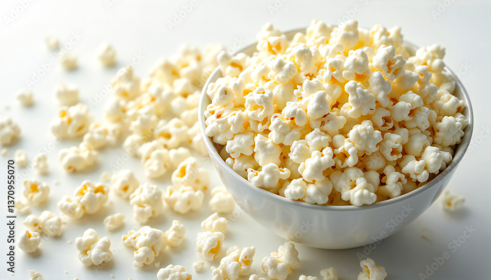 A bowl of popcorn, freshly popped and fluffy, spills slightly onto a surface, creating a delightful, snack-time scene. A bowl of popcorn, freshly popped and fluffy, spills slightly onto a surface, creating a delightful, snack-time scene.