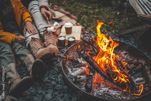 Fototapeta Naklejka Na Ścianę i Meble -  Family or friends relaxing by a campfire, roasting marshmallows on sticks. Boots, cozy clothes, hot drinks, and warm flames create a peaceful outdoor autumn evening vibe