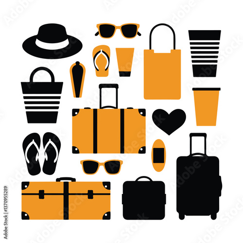 Travel and Summer Essentials Icon Set Luggage, Sunglasses, Hats, and Accessories