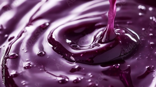 Purple viscous liquid being poured creating mesmerizing swirling patterns