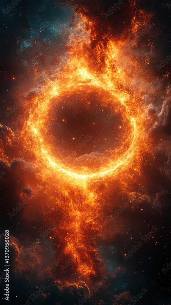 Vivid cosmic circle of fire surrounded by swirling celestial clouds in the vast universe Vivid cosmic circle of fire surrounded by swirling celestial clouds in the vast universe