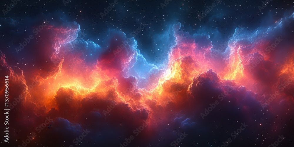 Naklejka premium Vibrant cosmic clouds glowing with fiery hues against a starry backdrop in deep space
