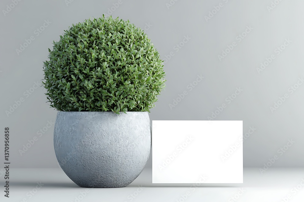 Potted Topiary Green Plant in Grey Pot with Blank White Card, Grey Background Potted Topiary Green Plant in Grey Pot with Blank White Card, Grey Background