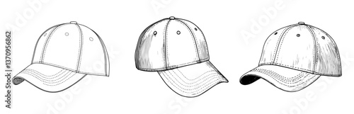 vector set of drawings of three baseball caps