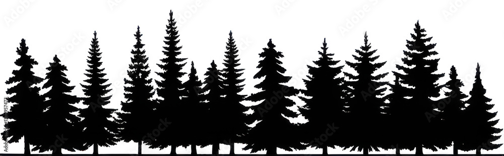 Obraz premium Silhouette of a dense forest with evergreen trees against a dark background in a simple illustration