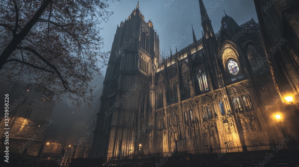 Fototapeta premium Gothic cathedral, night, fog, lights, tall.