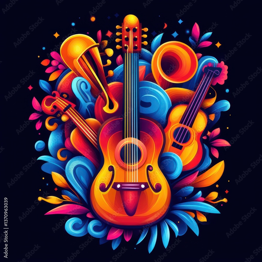 Colorful musical instruments in vibrant arrangement with leaves and abstract shapes at night Colorful musical instruments in vibrant arrangement with leaves and abstract shapes at night