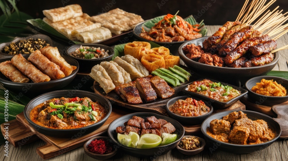 Rich display of Indonesian cuisine, vibrant & diverse, flavorful, exotic flavors. Rich display of Indonesian cuisine, vibrant & diverse, flavorful, exotic flavors.