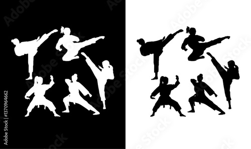 karate women silhouette set, karate plyers silhouette illustration vector design, karate girls silhouette set, karate women, sport, vector, people, football, ball, illustration, soccer,