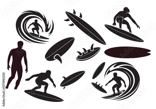Surfer Silhouettes and Waves Surfing Action, Sports, and Athletic Movement