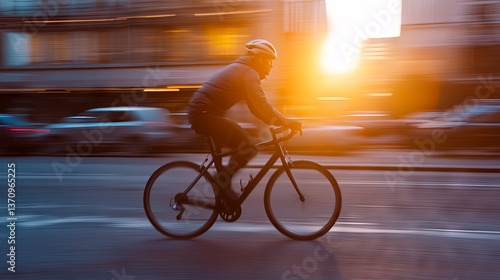 A cyclist speeding down a city street at sunset, with motion blur