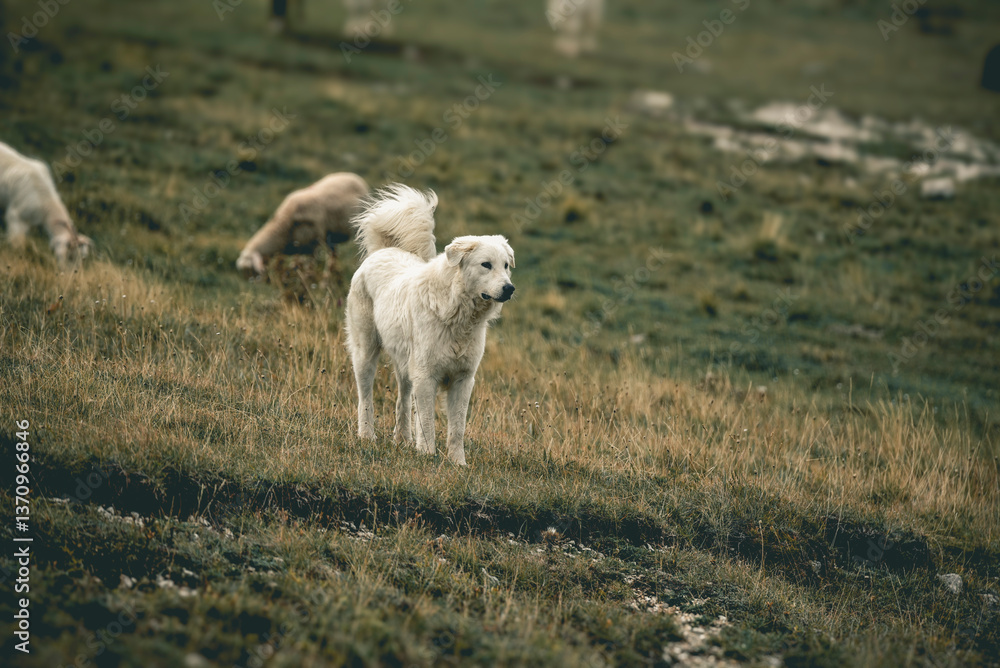 Fototapeta premium Maremmen-Abruzzen-Schäferhund (Hirtehund) einer Schafherde in den italienischen Abruzzen (Europa) 