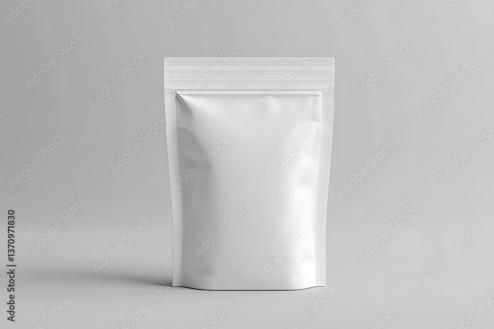 Stand Up Pouch Mockup with Zipper, White, Minimalist Style, Isolated on Gray Backdrop Stand Up Pouch Mockup with Zipper, White, Minimalist Style, Isolated on Gray Backdrop