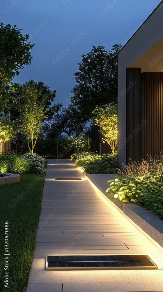 Obraz premium Nighttime garden path, illuminated, modern house.