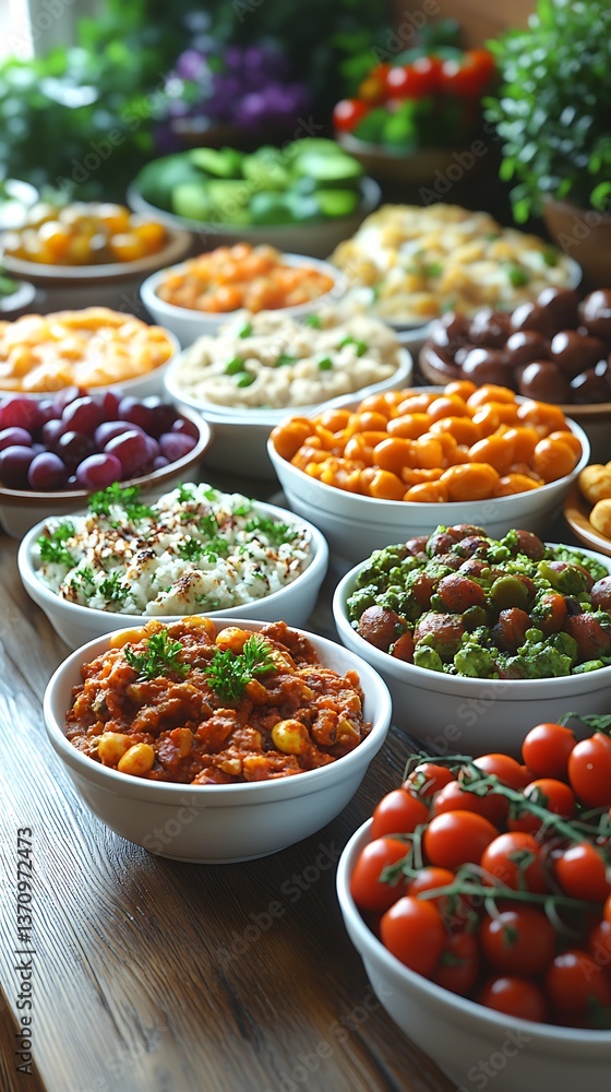 A selection of colorful dishes displayed on a wooden table A selection of colorful dishes displayed on a wooden table