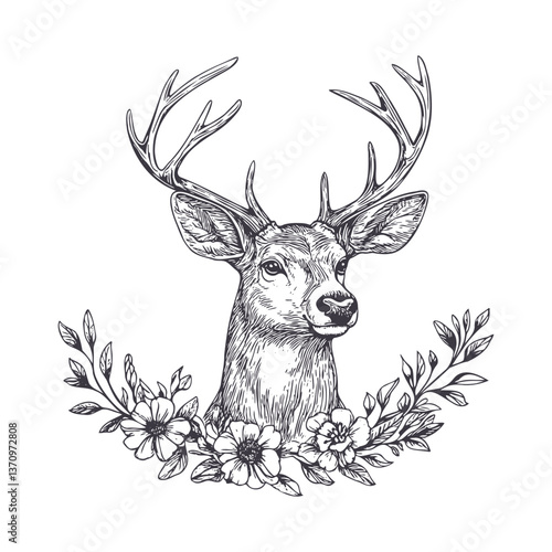 Majestic deer with antlers and floral wreath. Vector illustration
