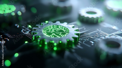 Glowing green gear shape integrated with circuit board pattern creates futuristic technology concept with bokeh light effects in dark background.