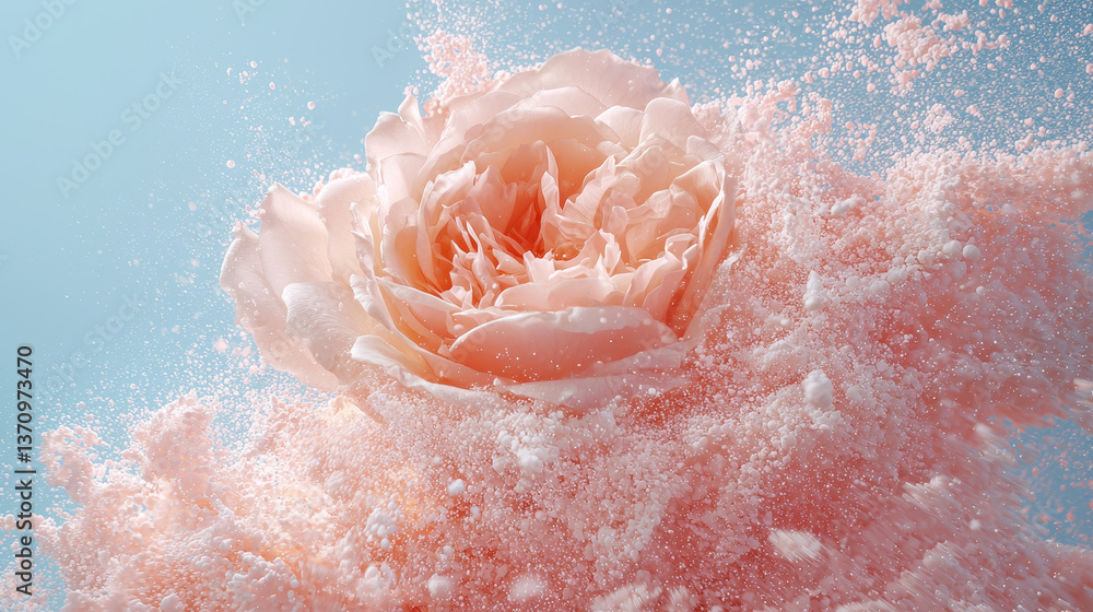 Fototapeta premium Close-up of a rose transforming into pixels, blending nature and digital art, with petals drifting in a serene background