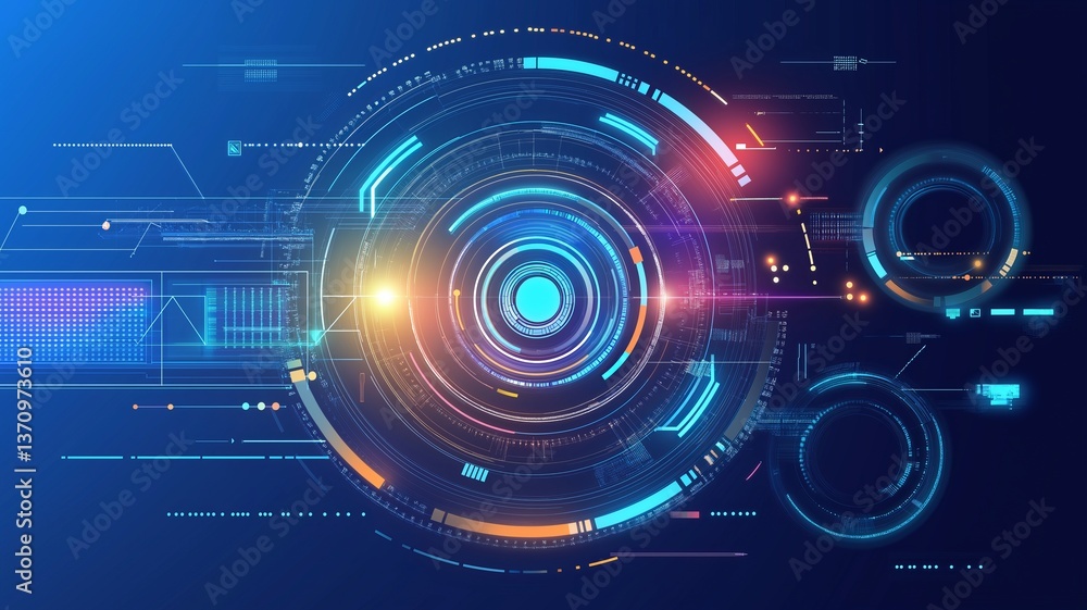 Abstract futuristic technology background with glowing circles and digital elements on a blue backdrop, vector illustration. AI-inspired, technological style. Abstract futuristic technology background with glowing circles and digital elements on a blue backdrop, vector illustration. AI-inspired, technological style.