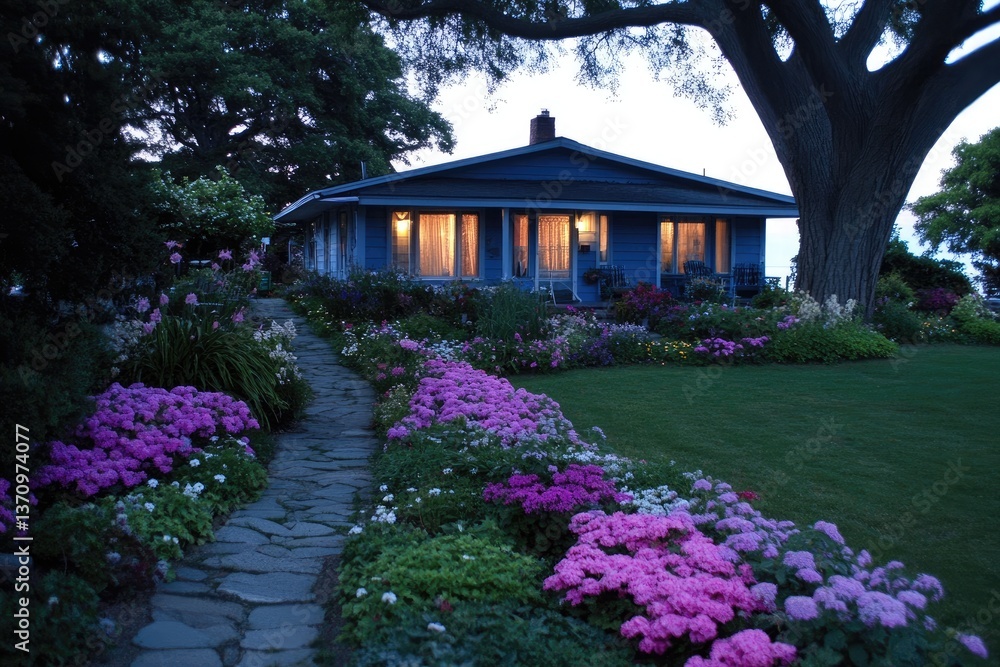 Obraz premium House with flower path. Night view, walkway, colorful blossoms, tree, windows