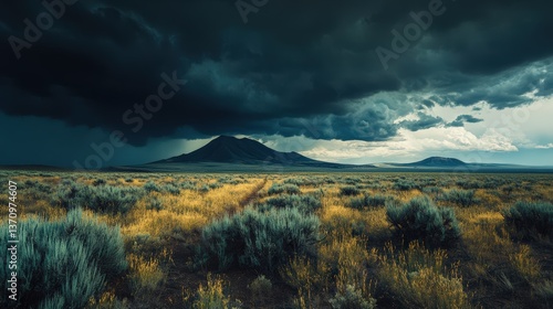 Dramatic storm clouds rolling over desert landscape nature photography atmospheric viewpoint high fidelity concept