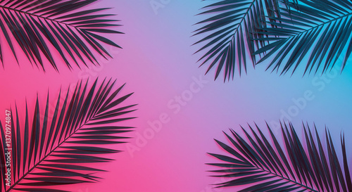 Wallpaper Mural Vibrant Neon Pink Blue Gradient Background with Tropical Palm Fronds Torontodigital.ca