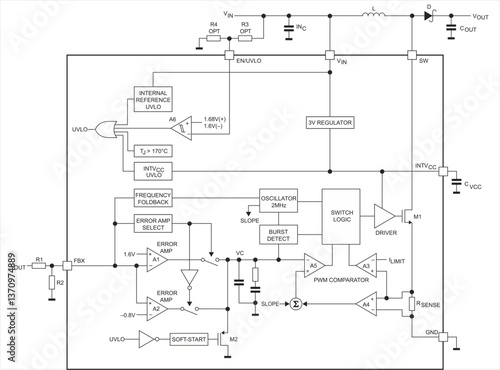 Technic schematic block diagram of digital electronic device 
on paper sheet. Vector drawing electrical circuit with 
inductor coil, diode, capacitor, operational amplifier, 
logic element, resistor.