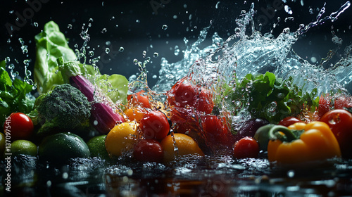 Fresh vegetables and fruits being splashed with water in a dark background studio environment scene