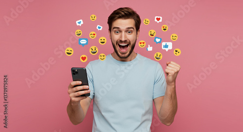 Wallpaper Mural Happy Man Reacts to Positive Social Media Feedback on Smartphone Torontodigital.ca