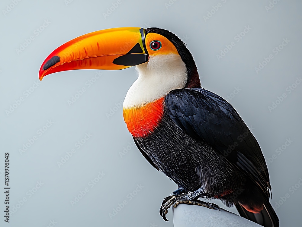 Naklejka premium A colorful toucan perches on a blank white surface, lit from multiple angles to vanish all shadows. The bird’s iconic oversized beak is spotlighted by high contrast, revealing bright stripes
