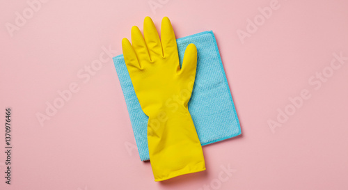 Wallpaper Mural Cleaning Supplies Yellow Rubber Glove and Blue Microfiber Cleaning Cloth on Pink Background Torontodigital.ca