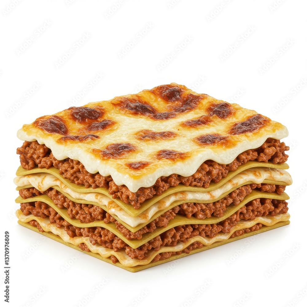 Fototapeta premium A close up shot of a square lasagna with layers of pasta meat and cheese on a white background